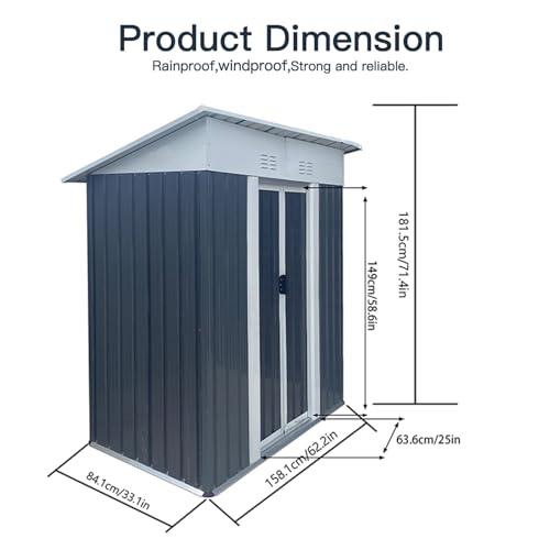 Aidek Outdoor Storage Shed, 5x3 FT Metal Garden Shed with Lockable Sliding Door & Vents, Tool House Waterproof Outside Storage Sheds for Garden Backyard Patio Lawn, Grey
