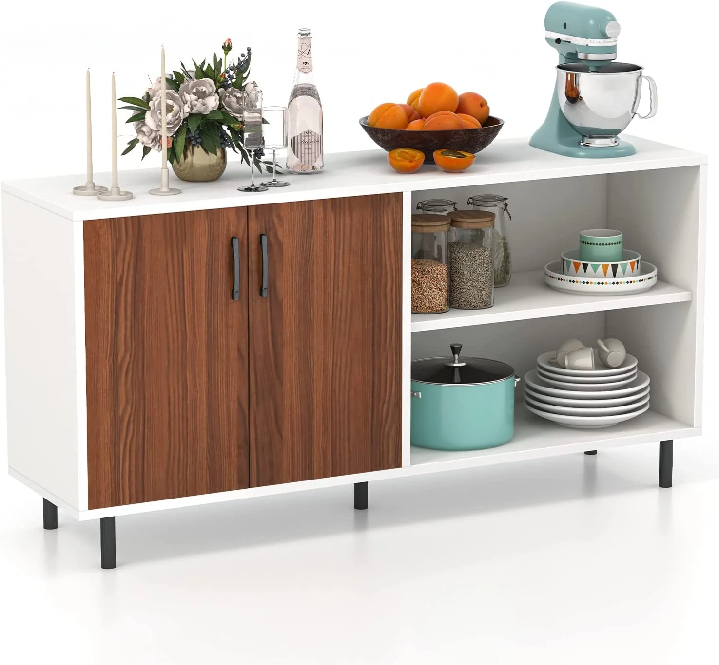 KHBIULIFE Buffet Sideboard  Modern  Cabinet with 2 Doors and Open Shelves  58\u201D Kitchen Cupboard with Metal Legs  Coffee  Cabinet for Kitchen  Living Room  White & Walnut