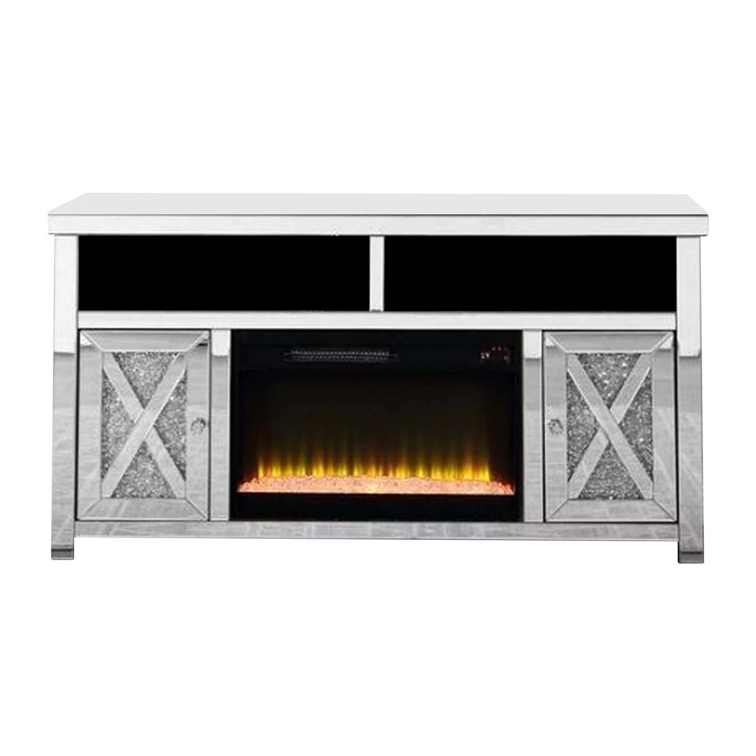 Benjara TV Stand with Electric Fireplace and Beveled Mirror Framing, Silver