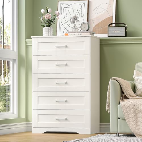 White Wood Dresser for Bedroom with 5 Drawers, Tall Storage Chest of Drawers, Modern Solid Wood Dresser Cabinet for Closet, Nursery, Entryway, Girls Room, Kids Room, Hallway, Living Room