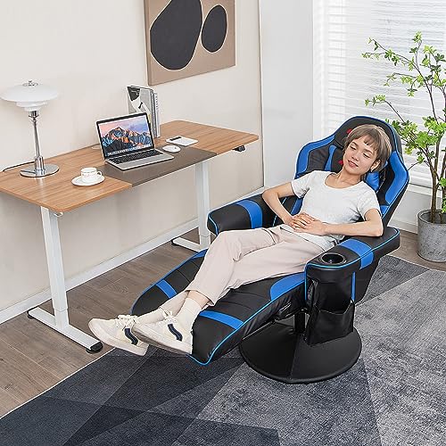 Gaming Recliner Adjustable Massage Gaming Chair with Cup Holder Footrest Ergonomic Single Sofa Living Room Home Theater Seating with Side Pouch, Blue