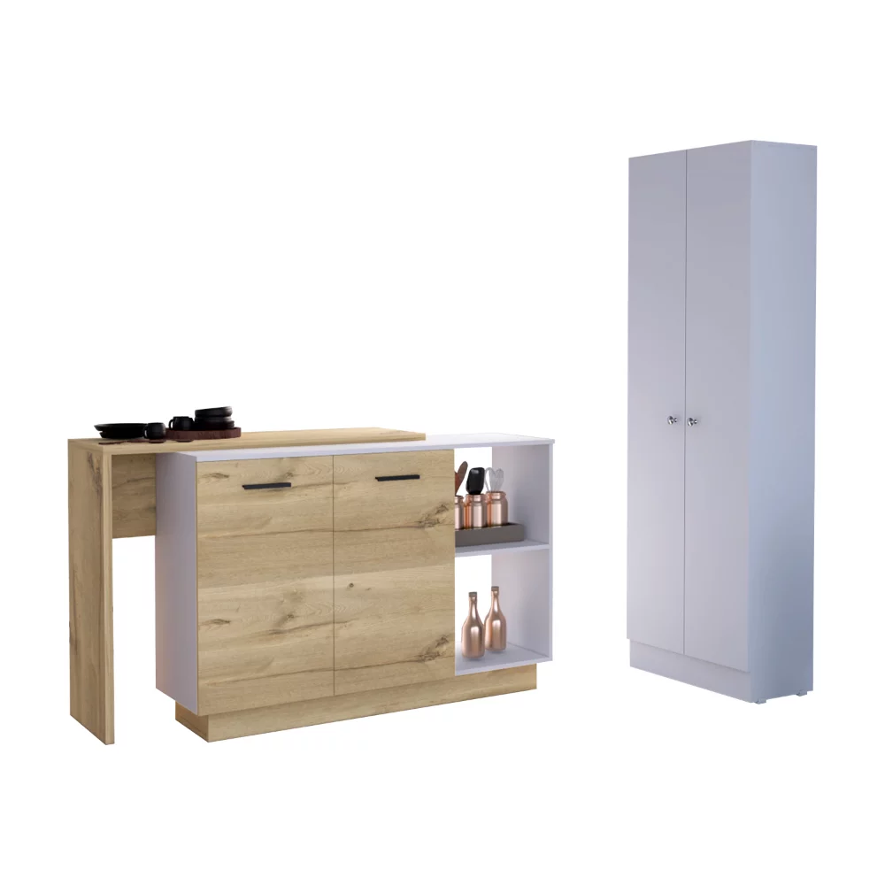 CoSoTower 2-Shelf 4-Door 2-Piece Kitchen Set, Kitchen Island and Pantry Cabinet White and Light Oak