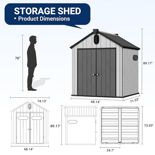 6x6 FT Outdoor Resin Storage Shed, Plastic Shed w/Air Vents & Window for All Weather Resistant, with Floor & Lockable Door, Waterproof for Bike, Garbage Cans, Tools
