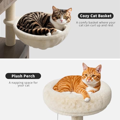 57.5-Inch Cat Tree with Litter Box Enclosure 2-in-1 Modern Cat Tower with Cat Condo/Hammock/Scratching Post/Plush Perch/Removable Pompom Sticks/Caves, Wooden Hidden Litter Box Furniture, Oak Brown