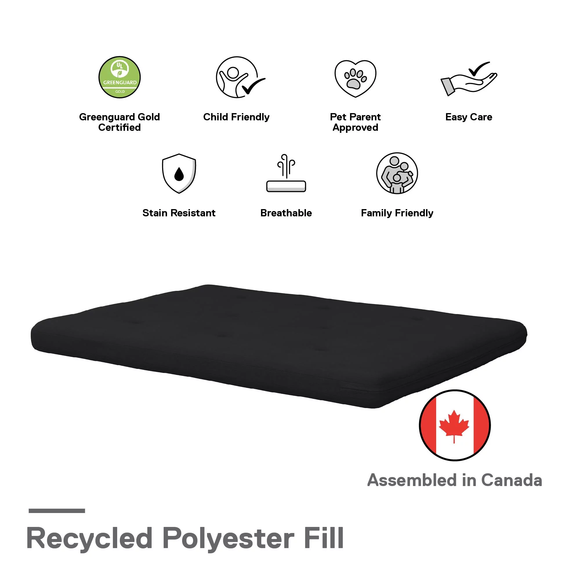 Caddie 6-Inch Futon Mattress with Tufted Cover and Recycled Polyester Fill, Full, Black Linen