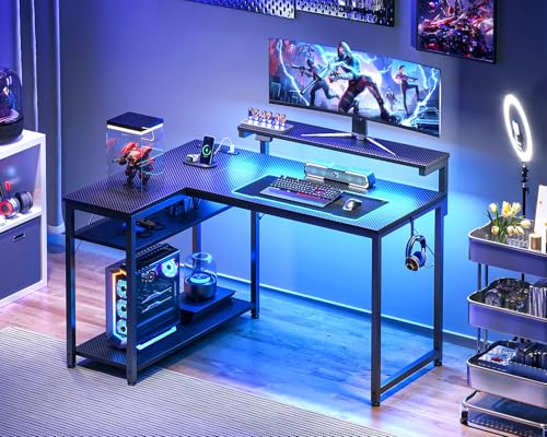 MOTPK L Shaped Gaming Desk with Power Outlet, Reversible Gaming Desk with Height Adjustable Monitor Stand, Gaming Computer Desk 43inch with LED Lights, Home Office Desk, Black
