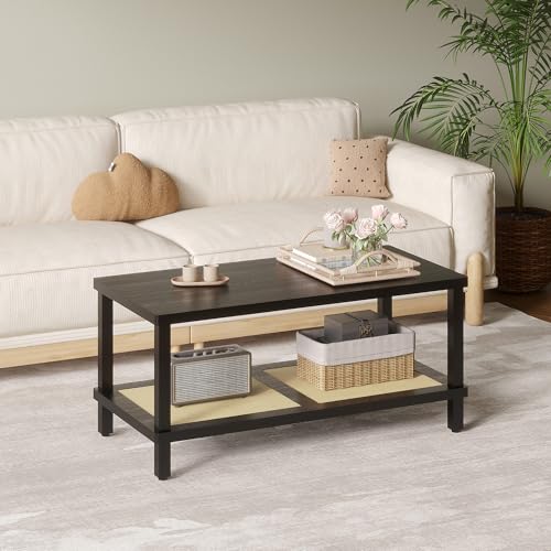Rattan Coffee Table for Living Room,2-Tier Wooden Center Table with Hand Made Rattan Decorated,39.3 Inch Living Room Tbale with Rounded Corners,Boho Coffee Table,Easy Assembly Black LCT55BK
