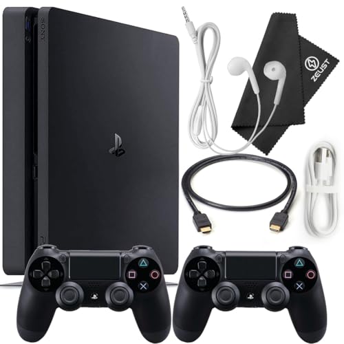 Zeust PlayStation 4 Slim 1TB Console Bundle - Includes the PS4 Console Slim 1TB, 2 Dualshock 4 Wireless Controllers, MicroUSB Charging Cable, HDMI cable, Wired Earbuds and Microfiber Cloth (Renewed)