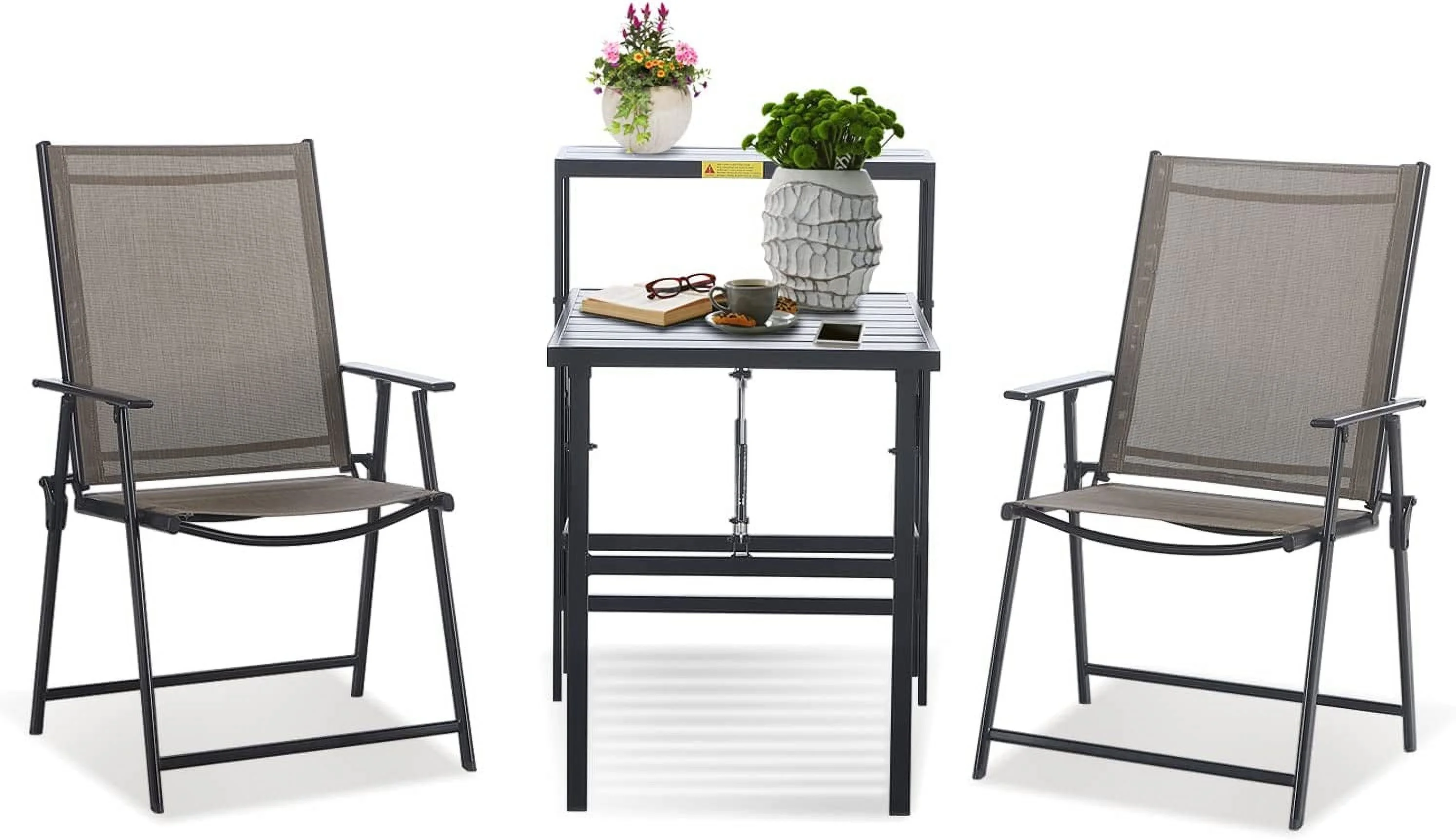 Popular Patio Bistro Set 3 Piece Outdoor Folding Furniture Conversation Sets Foldable Coffee Table Chairs  2-Tier Dining Table Set Space-Saving for Porch Balcony Yard Garden Lawn Pool Sid