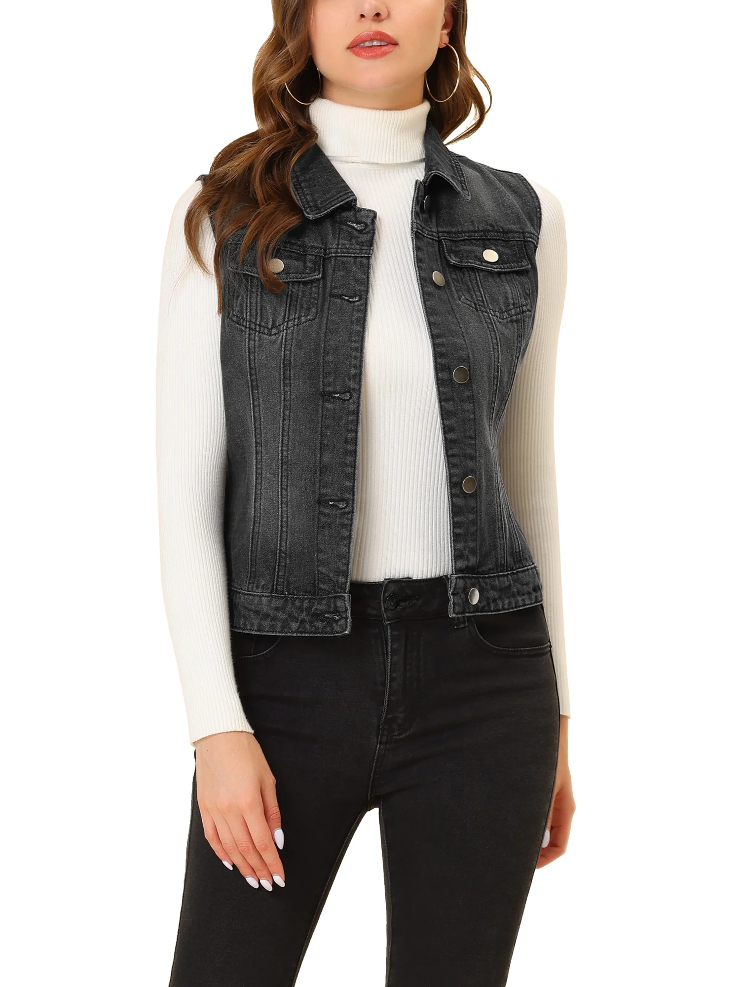 MODA NOVA Juniors Washed Chest Flap Pockets Single Breasted Denim Vest Jacket