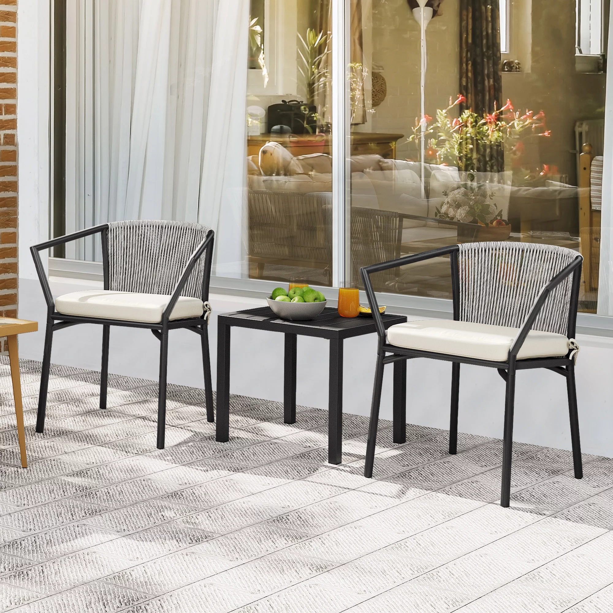 Dextrus 3-Piece Patio Conversation Bistro Set, Outdoor Wicker Dining Table Chairs Set, With 2 Stackable Chairs, Cushions, Side Table - White
