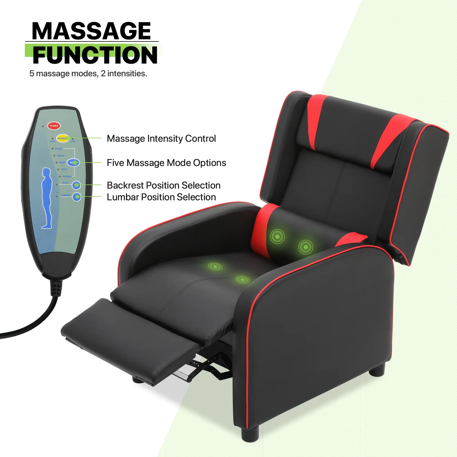 Magshion Gaming Massage Recliner Chair, Racing Style Game Lounge Chair with Footrest, Remote Control and Side Pocket, PU Leather Home Theater Seating, Red