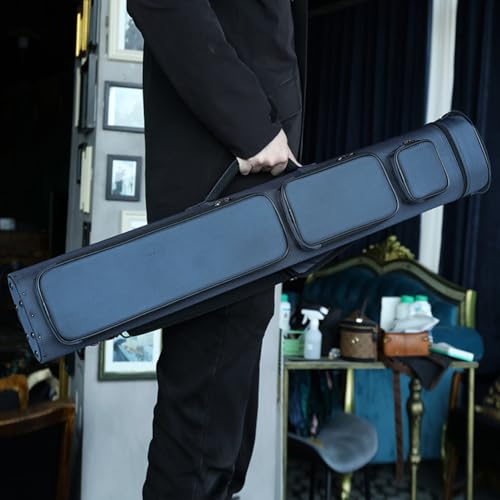 12-Hole Premium Nylon Pool Cue Case – Holds 8 Shafts & 4 Butts, Durable Double Shoulder Strap Design with 3 External Pockets (Black/Blue)