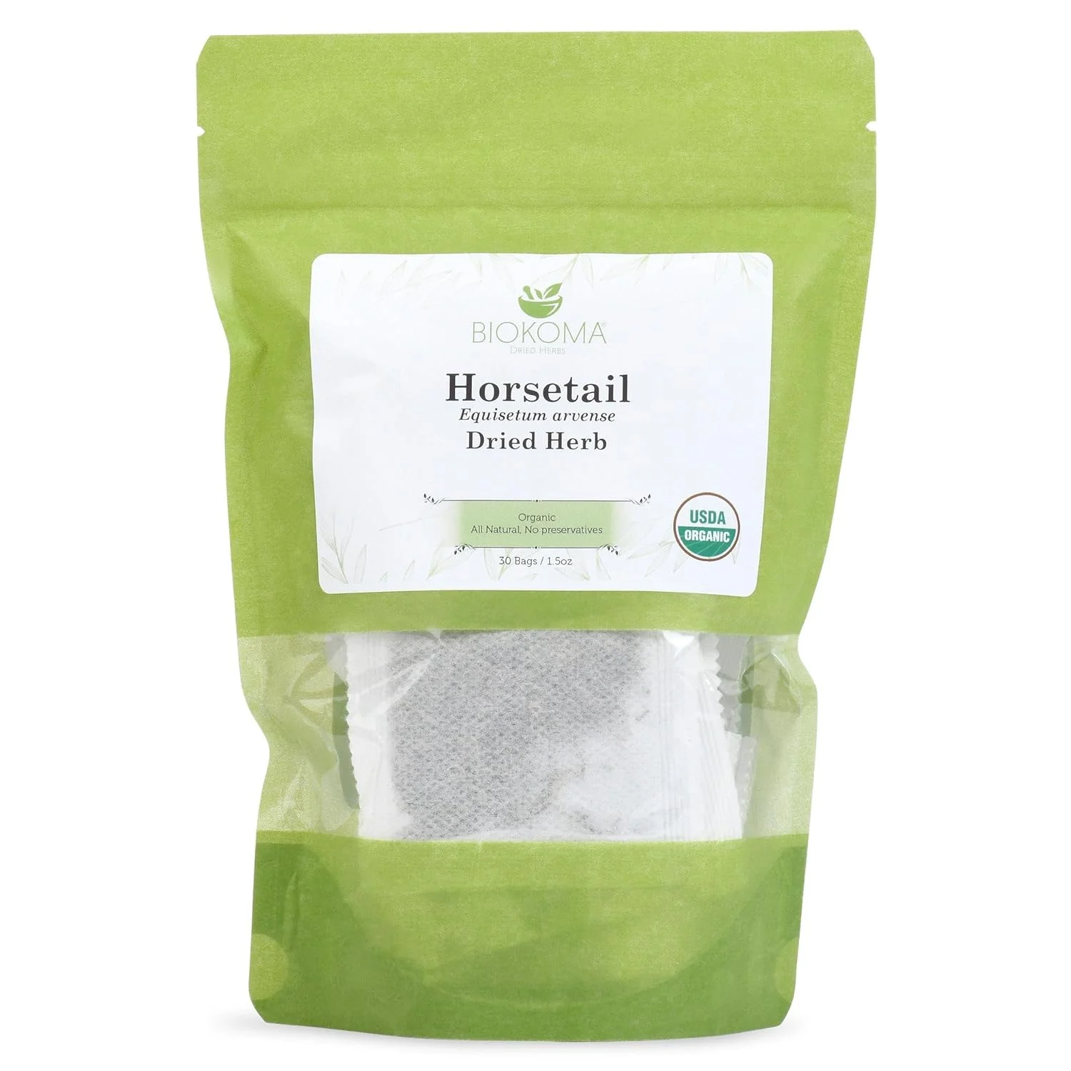 Pure And Organic Horsetail Dried Leaves 30 Tea Bags 1.5Oz In Resealable Moisture Proof Pouch, USDA Certified Organic - Tea, No Additives, No Preservatives, No GMO