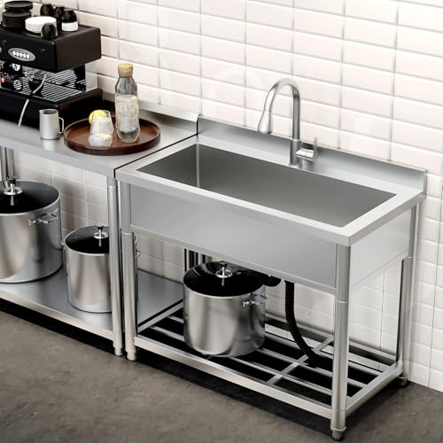 Stainless Steel Large Utility Sink Single Bowl, Freestanding Laundry Sink with Pull-Out Faucet, Utility Sink for Laundry Room, Garage, Kitchen, Outdoor/Indoor Use, W35.4