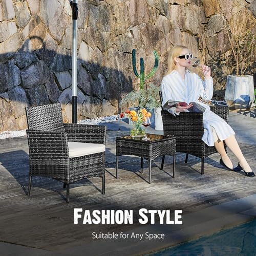 Sweetcripy Patio Furniture Set 3 Pieces, Outdoor Furniture with Soft Cushion and Glass Table, All Weather Manual Weaving Wicker Rattan Patio Chairs for Garden, Terrace, Porch(Black and Beige)