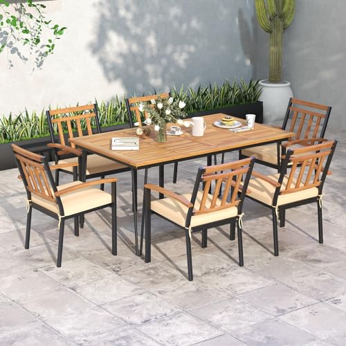 Tangkula 79-Inch Patio Dining Table, Indoor & Outdoor Dining Table w/Umbrella Hole, Acacia Wood Tabletop & Sturdy Metal Legs, Wood Oval Table for 8 People for Patio Yard Garden Deck