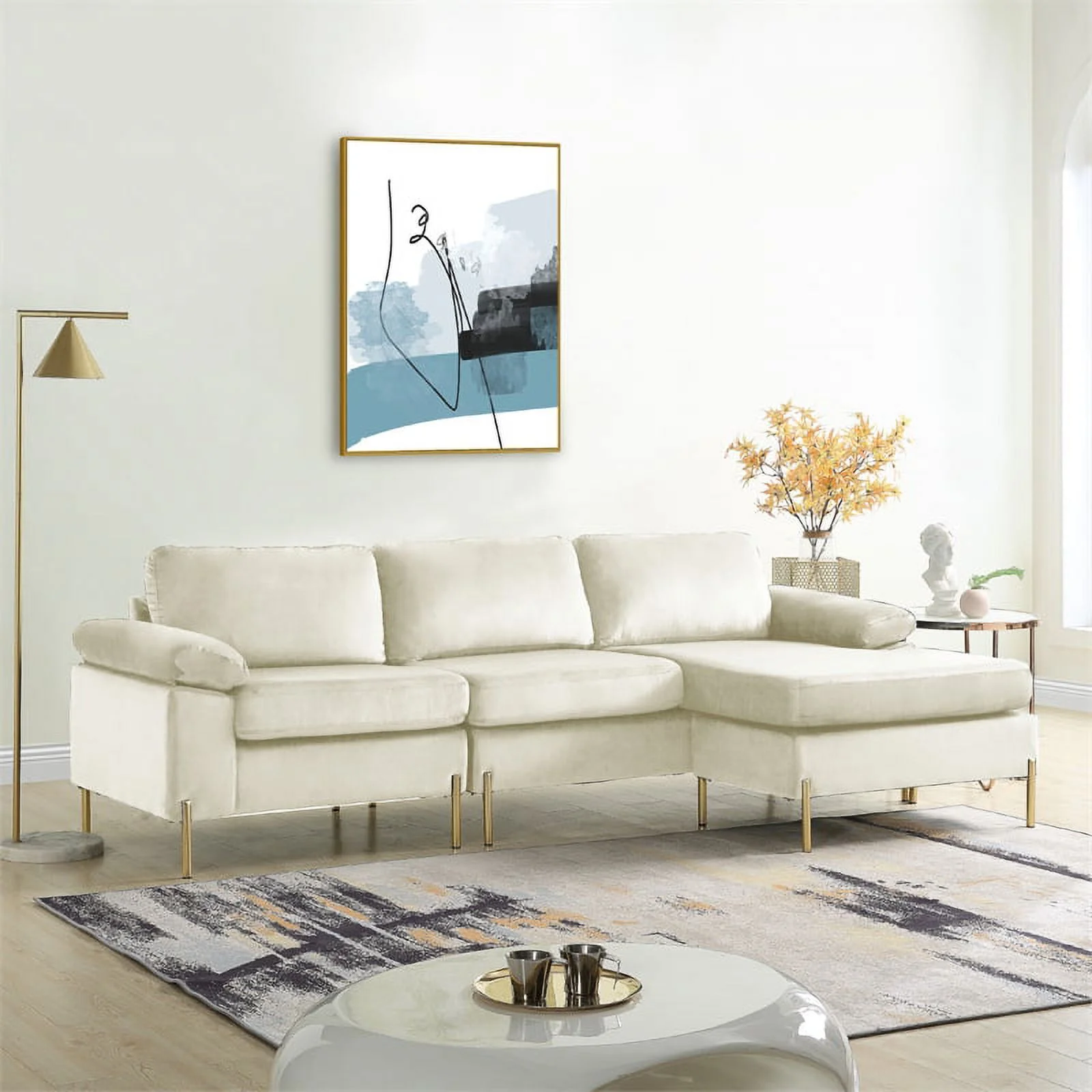 Pemberly Row Modern Velvet Sectional Sofa in Beige/Gold legs