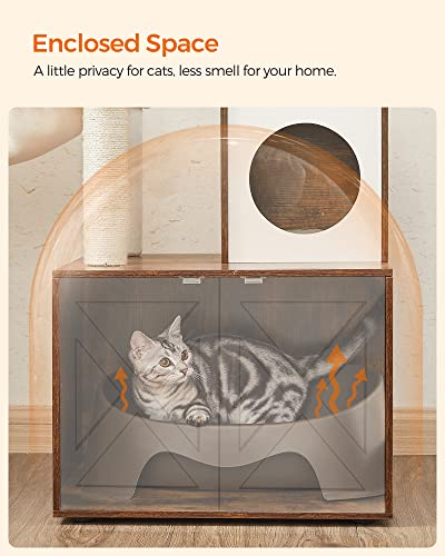 Feandrea Cat Tree with Litter Box Enclosure, 2-in-1 Modern Cat Tower, 55.1-Inch Cat Condo with Scratching Posts, Removable Pompom Sticks, Rustic Brown UPCT113X01