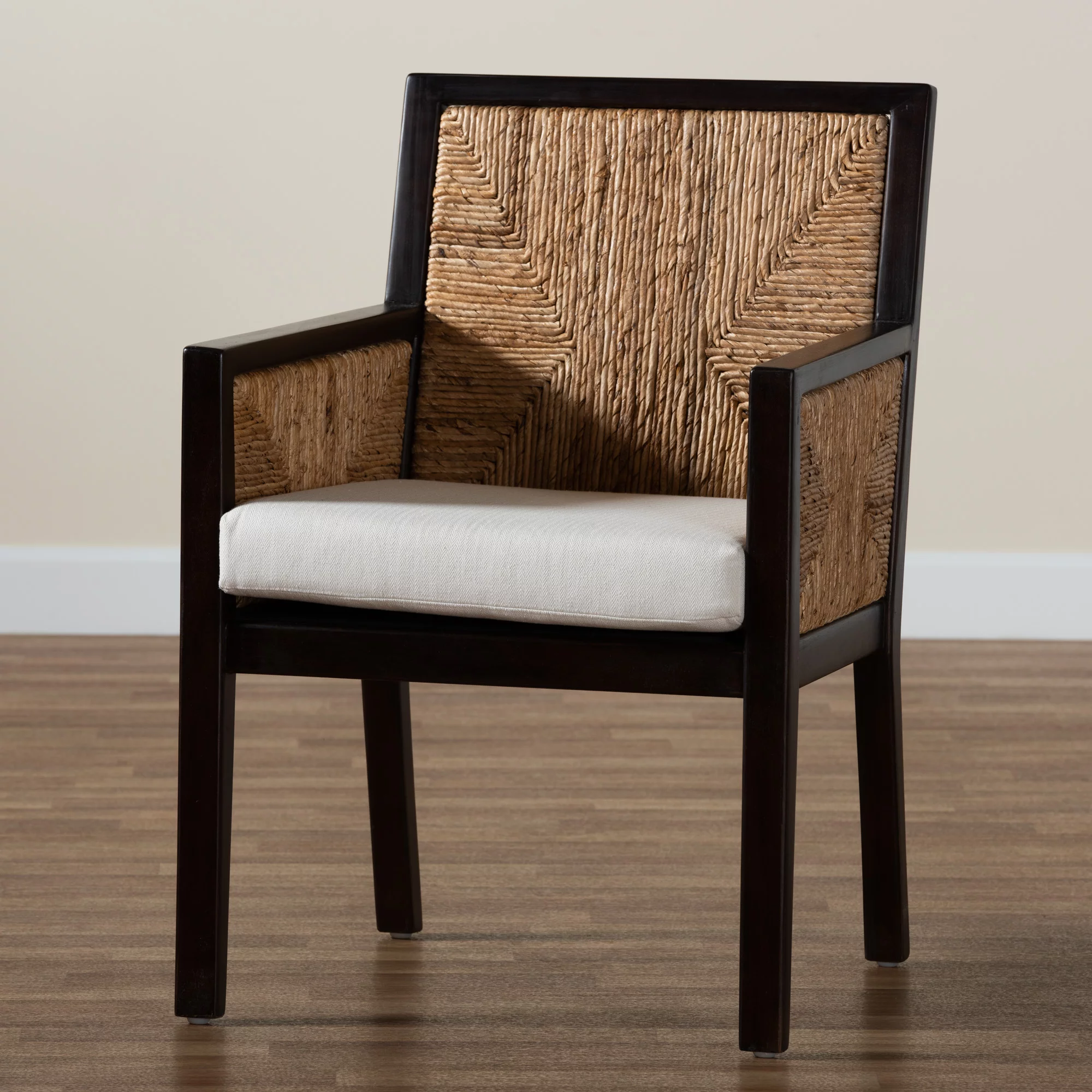 bali & pari Joana Modern Bohemian Dark Brown Mahogany Wood and Natural Abaca Dining Arm Chair