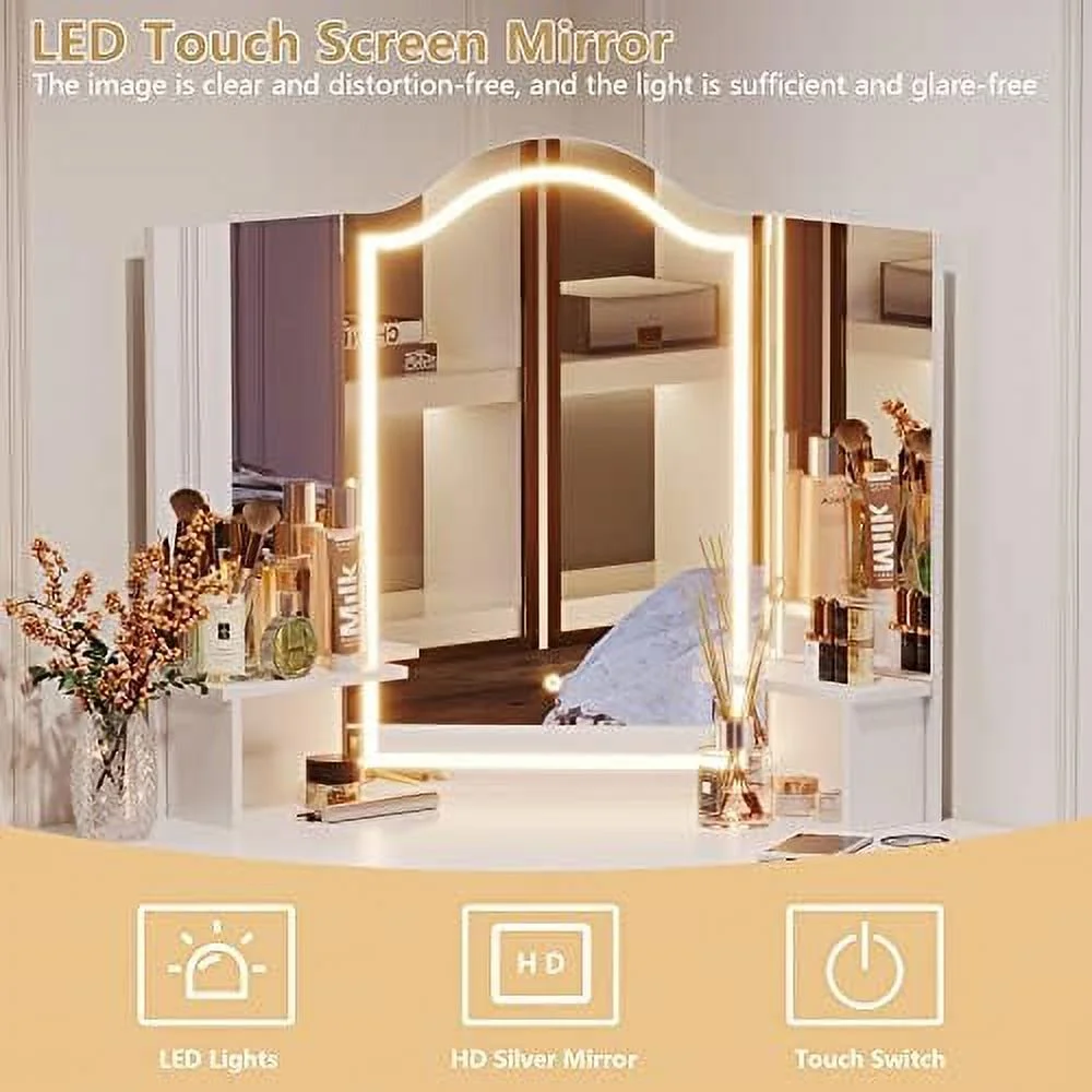 Vanity Desk with Mirror and Lights  Makeup Vanity with Charging Station  Dressing Table with 3 Lighting Options  Vanity Set with Drawers  Women\u2019s Corner Vanity Table  Grey