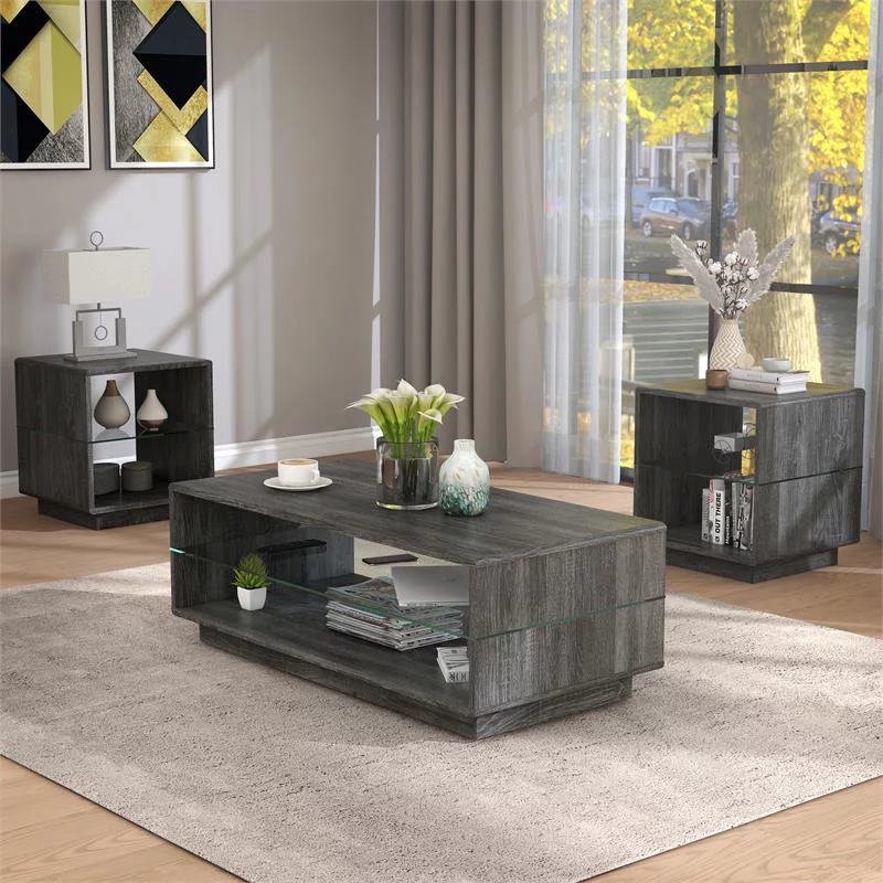 Furniture of America Celma Wood 3-Piece Coffee Table Set in Distressed Gray