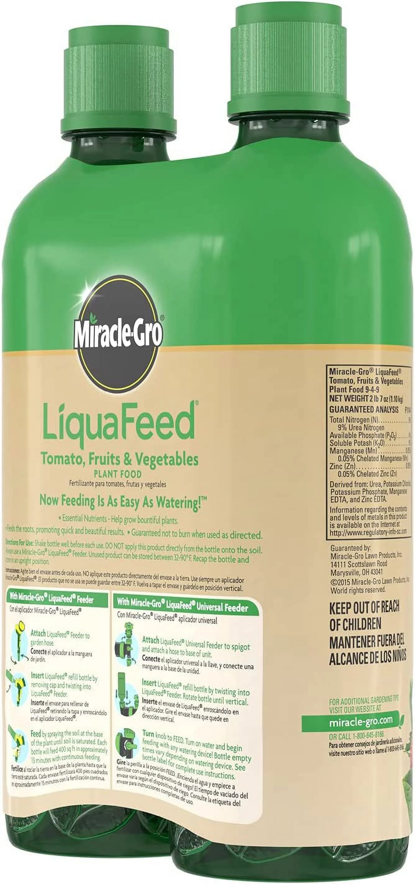 Scotts Miracle Gro 1004402 Liquafeed Tomato, Fruit, & Vegetable Food, 9-4-9, 2-Pk. - Quantity 6