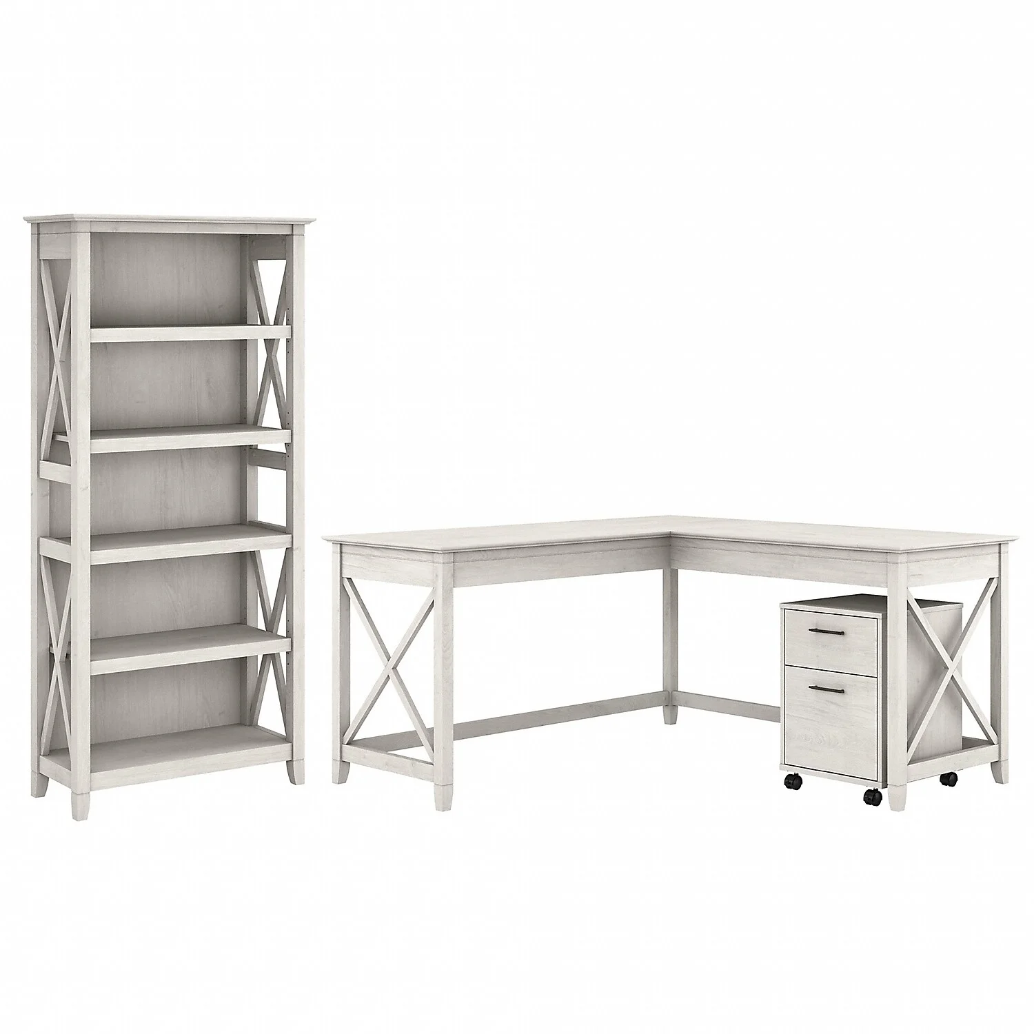 Key West 60W L Shaped Desk with Drawers and Bookcase in White - Engineered Wood