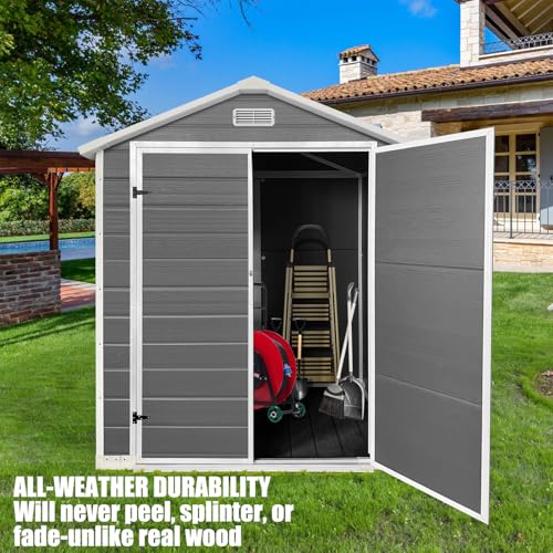 6x4 FT Outdoor Storage Resin Shed with Floor,Waterproof Plastic Garden Bike Shed with Lockable Door, Sloped Roof, Vents & Windows, Easy Assembly Tool Shed for Lawn, Backyard, Patio, Grey