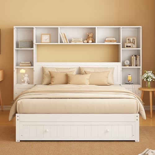 Full Size Platform Bed with Bookcase Headboard and Drawers, Wood Platform Bed Frame with All-in-One Cabinet and Storage, Full Captain Bed with Charging Station, No Box Spring Needed, White