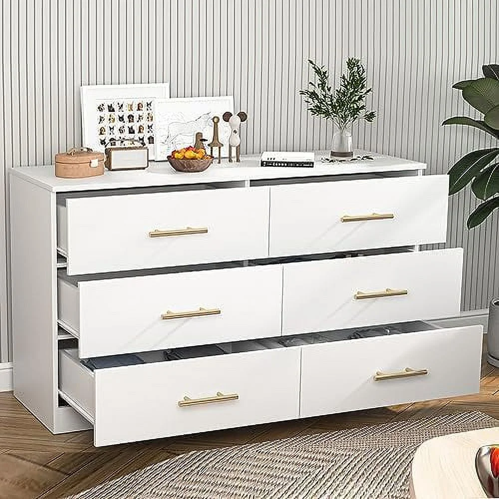 HOOMHIBIU 6 Drawer Dresser for Bedroom Sideboard  Cabinet with LED Light &1 Door &1  Modern Wood  Chest of Drawers for Living Room Bedroom  Entryway (White#2)