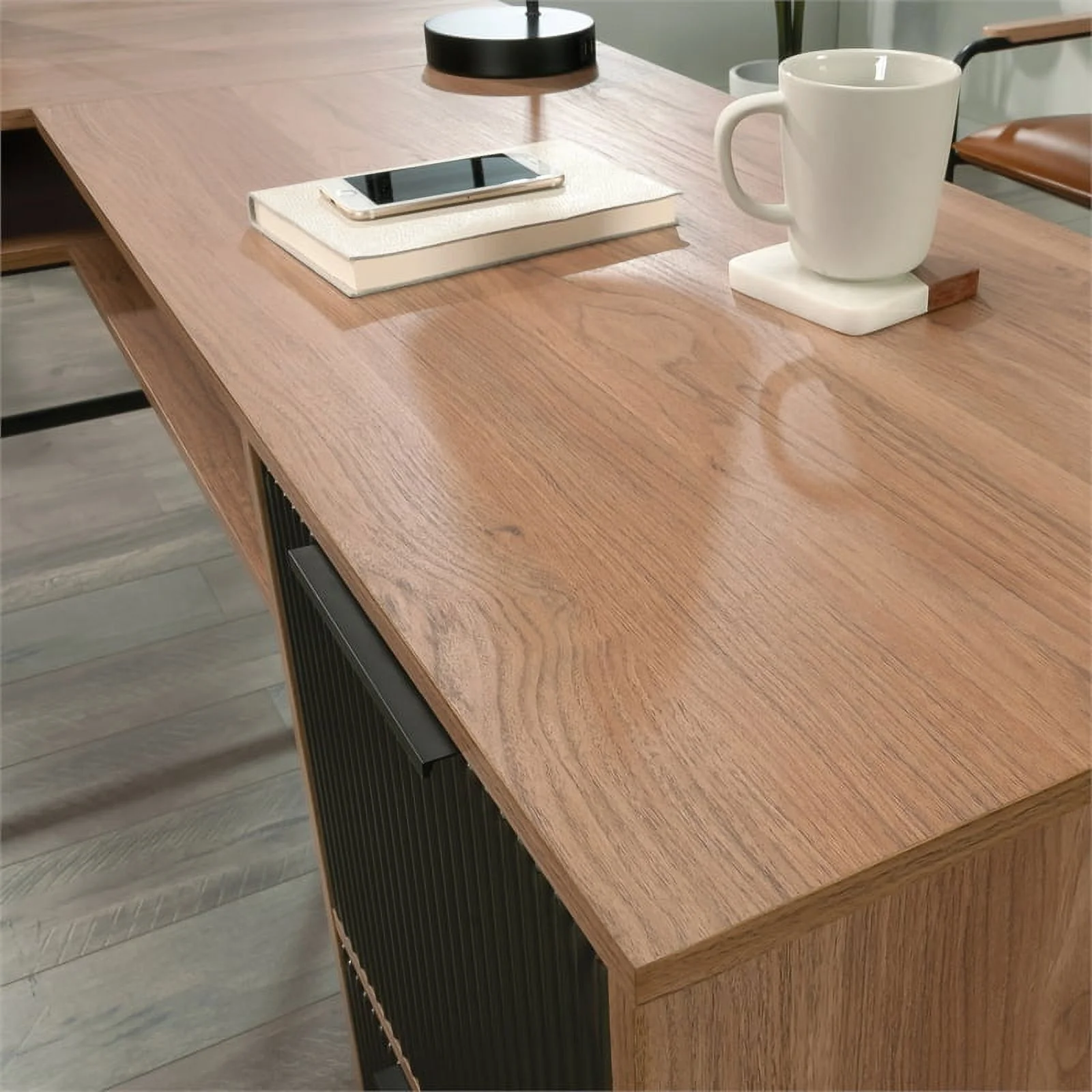 Sauder Ambleside Engineered Wood/Metal L-Desk in Serene Walnut