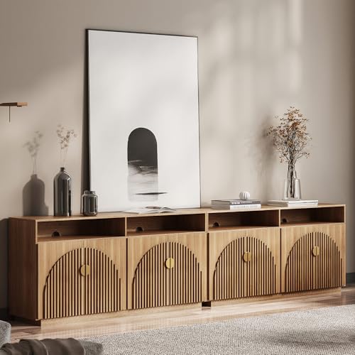 BELLEZE 65 Inch Fluted Buffet Cabinet with Storage, Symmetrical Arc Accent Sideboard Large Console Table for Dining Room, Kitchen, and Living Room (Caramel Brown)