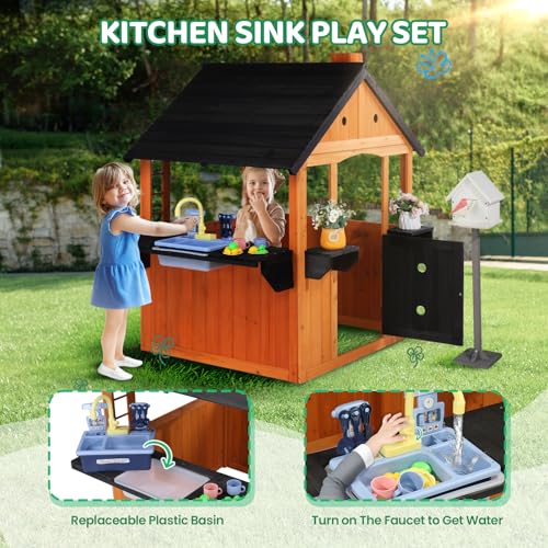 JOYMOR Kids Wooden Playhouse for Outdoor, Cottage with Sink, Picnic Table, Mailbox, Flowerpot Holders, Age 3-8 (Light Brown)