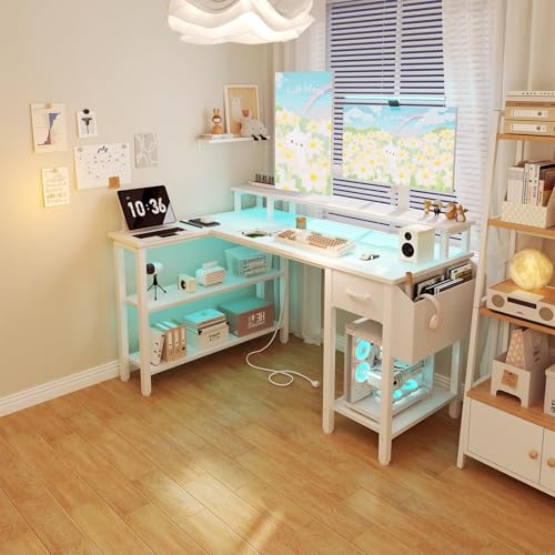 Lufeiya L Shaped Gaming Desk with Fabric Drawers and Storage Shelves, 47 inch Home Office Desk with Monitor Stand, Computer Desk with LED Lights and Power Outlets, Black