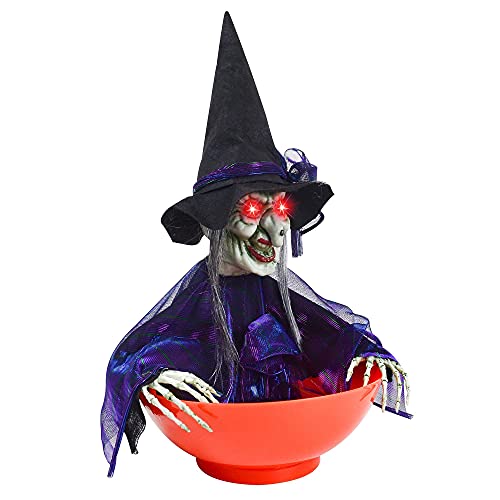 JOYIN Halloween Candy Bowl Dish Witch Decorations Indoor, Haunted House Home Decor Animatronics Animated LED Lights Eyes, Creepy Scary Sound Activated Trick Or Treat