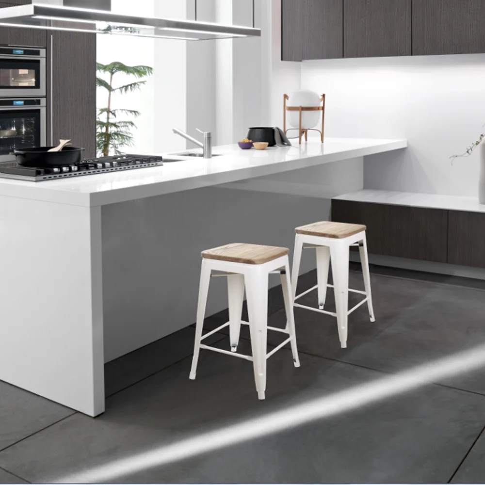 Leejay White 24 inch Counter Height Metal Barstools with Light Wood Seat, Set of 6