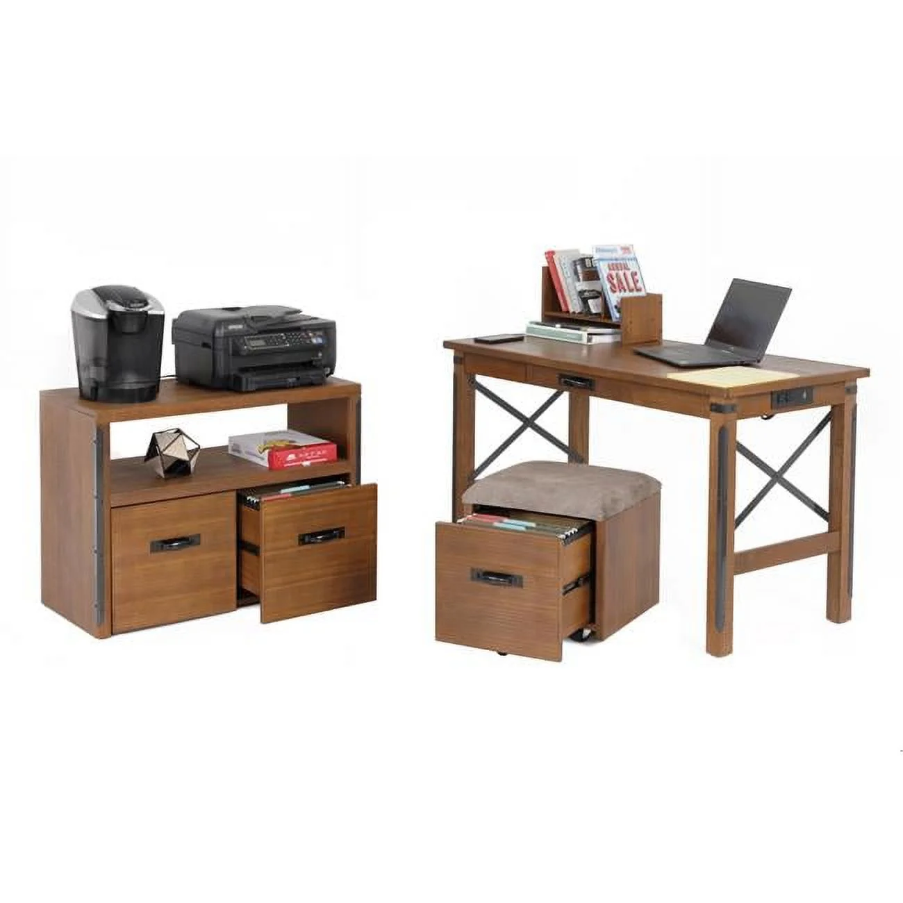 American Furniture Classics 33244K 30 x 47.5 x 47.5 in. OS Home & Office Furniture Industrial Combination of 24 by 48 Desk with USB Ports, Roll About File Cabinet with Cushioned Seat & Machine Stand