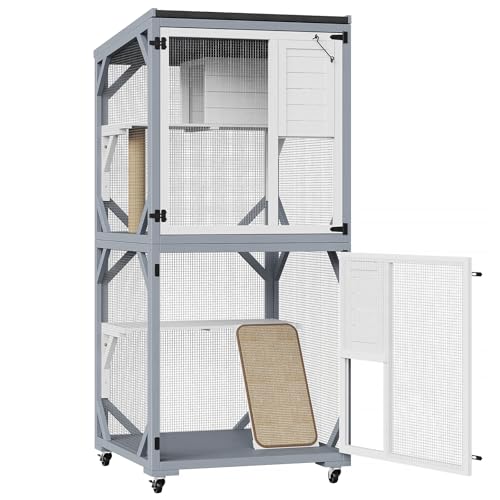 Outdoor Cat Enclosures on Wheels, 2-Tier Roof Waterproofing Catio House with Scratching Post, Scratching Board, 70.9 Inch Height for Indoor/Outdoor Use - Gray and White