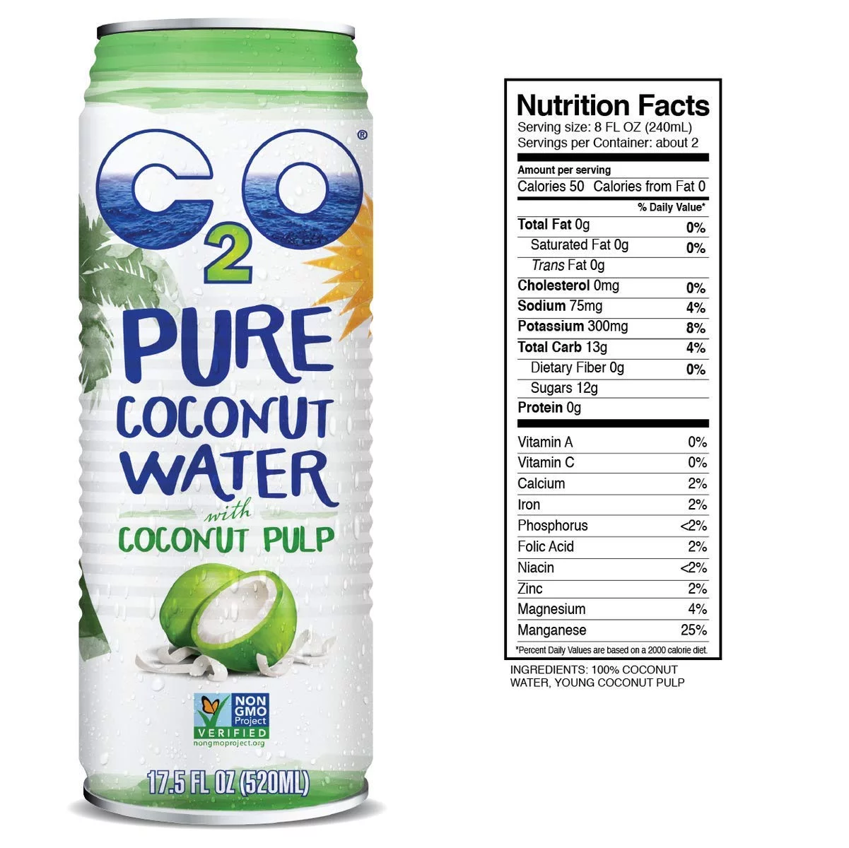 C2O Pure Coconut Water with Pulp | Plant Based | Non-GMO | No Added Sugar | Essential Electrolytes | 17.5 FL OZ (Pack of 12)