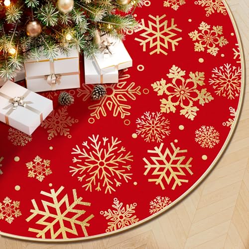 DeckTheHalls Christmas Tree Skirt 36 Inch, Snowflake Round Red Tree Skirt, Christmas Tree Skirts for Christmas Party and New Year Party, Xmas Tree Skirt Cover for 4-6ft Christmas Tree Decoration