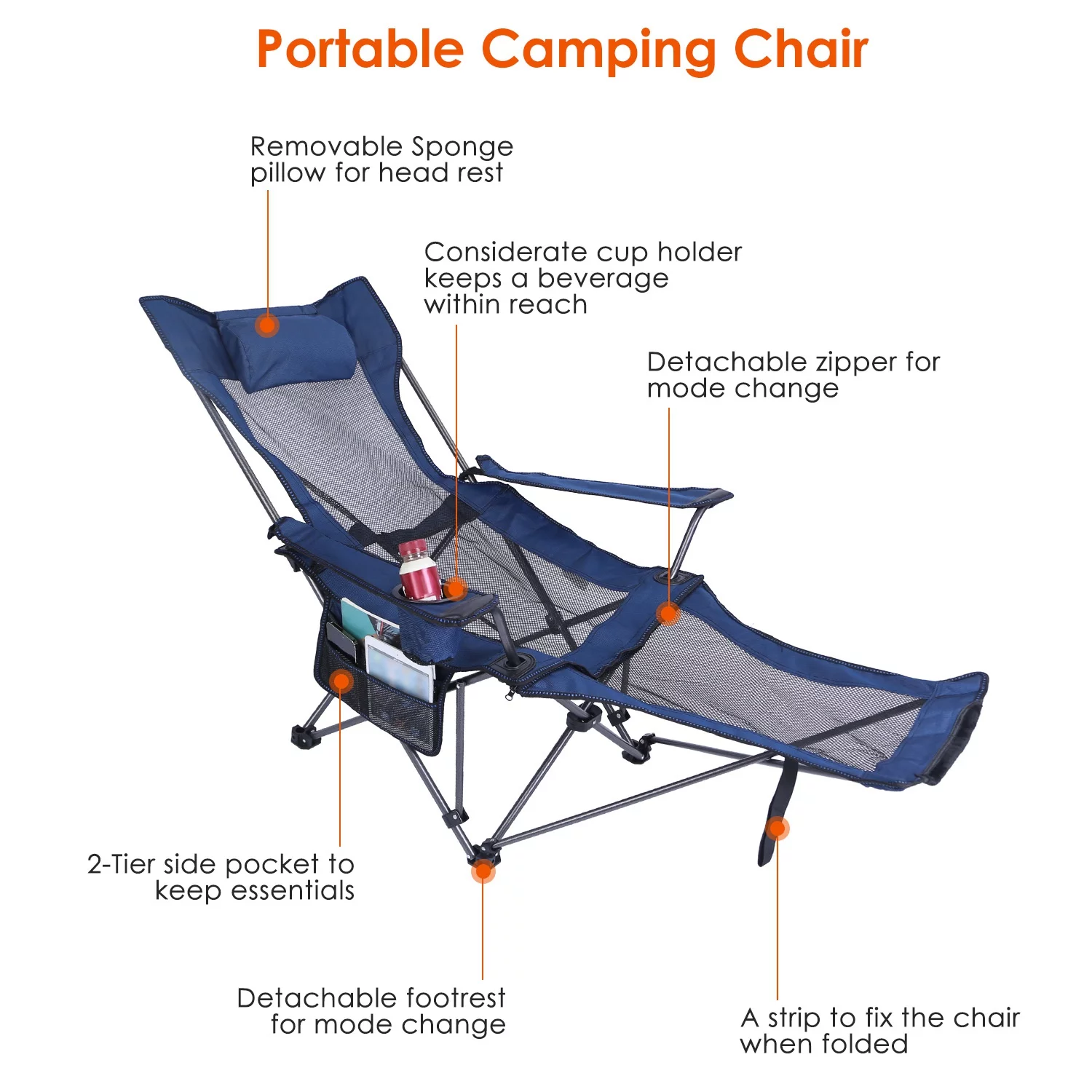 Reclining Camping Chair, iMounTEK Heavy Duty Steel Lawn Chair with Cup Holder Pillow Side Pocket Carry Bag, 330lbs Capacity
