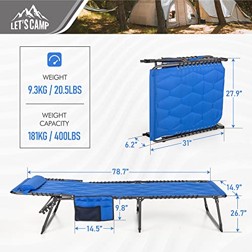 LET'S CAMP Portable Folding Reclining Lounger Camping Cot Adjustable 5-Position with Pillow Pocket Lightweight for Sleeping, Reclining, Outdoor, Travel, Adult, Garden (Blue)