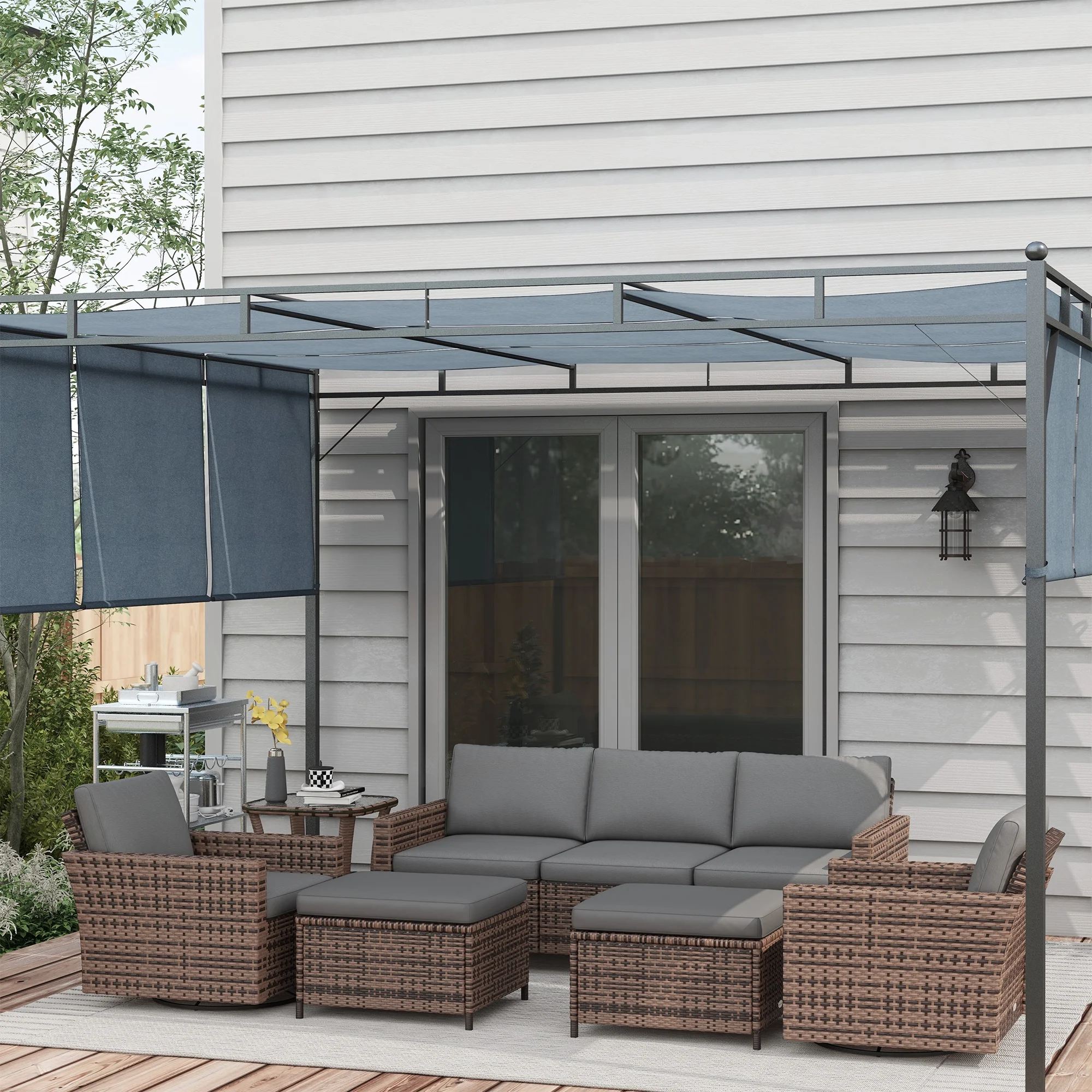 Outsunny 6pc Patio Furniture Set with Couch, Swivel Rocking Chairs, Brown