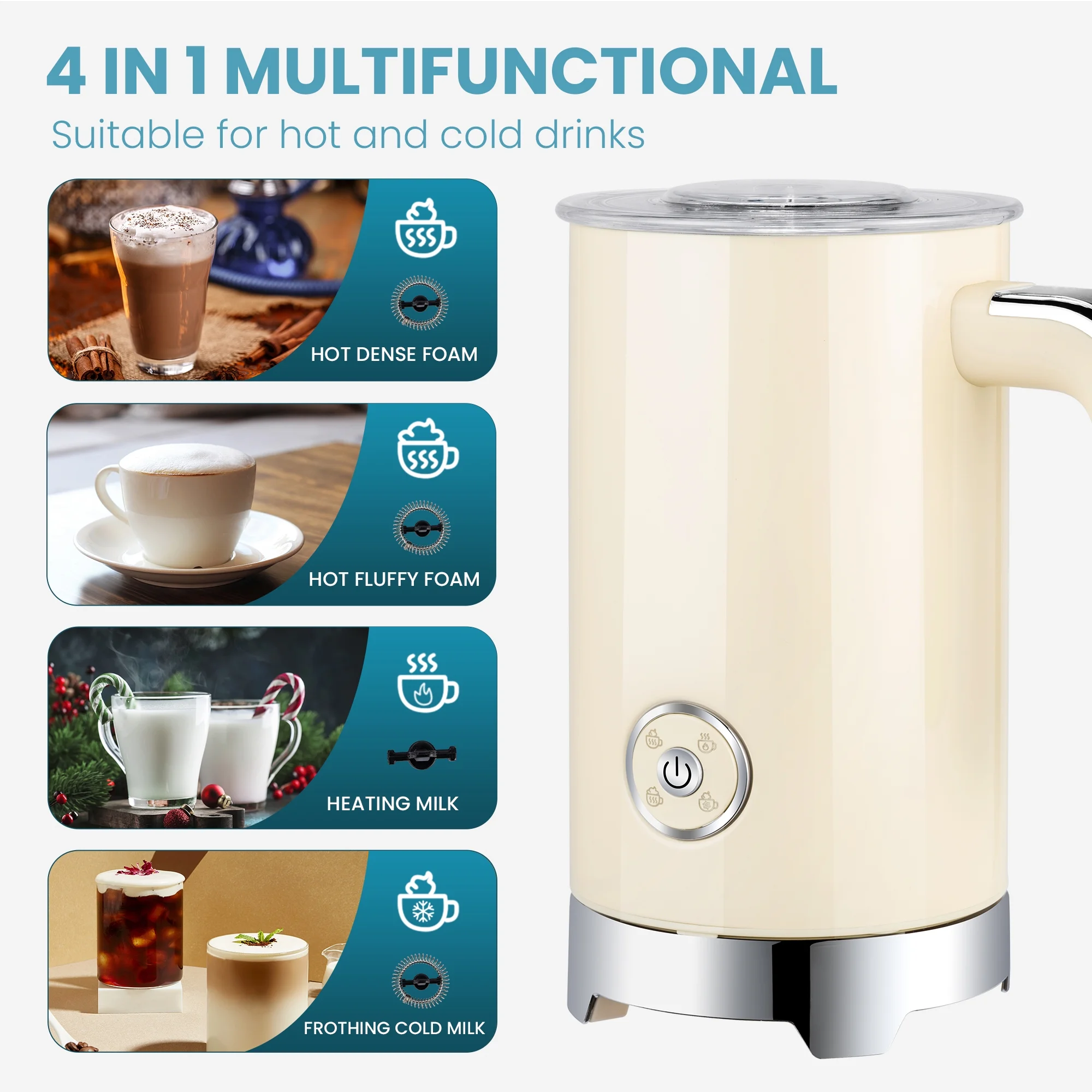 Electric Milk Frother and Steamer - Automatic Milk Foamer & Heater with 4 Settings for Coffee, Latte, Cappuccino