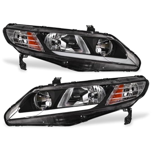 7422439226210 Compatible With 2006-2011 Honda Civic 4 Door Sedan Switchback Sequential LED Strip Bar Black Housing Headlights With Amber Reflector