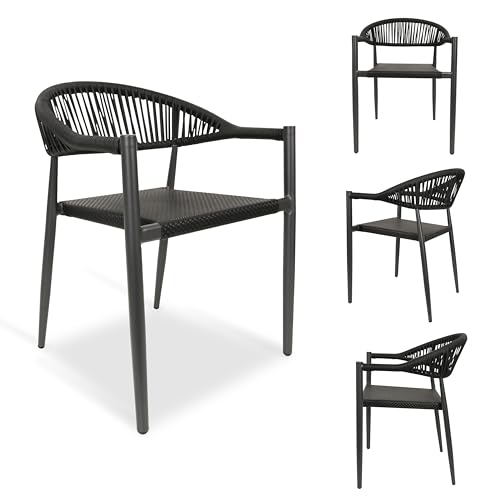 4 Pcs Stackable Patio Dining Chairs, Aluminum Rattan Outdoor Dining Chair with Arms, Woven Rope Garden Armchair Metal No Assembly for Bistro Balcony Porch Deck Yard Cafe Restaurant, Black