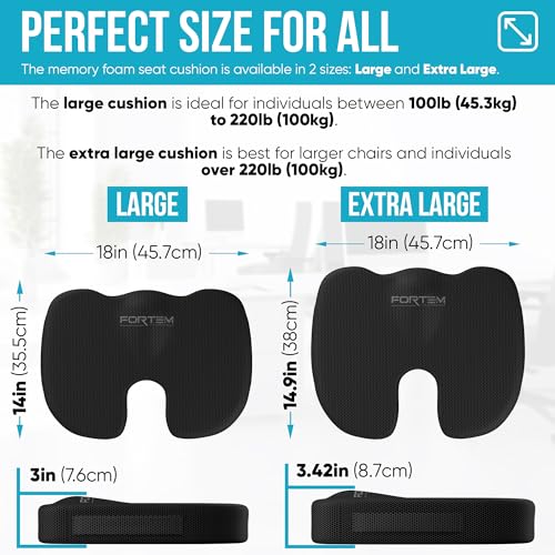 FORTEM Office Chair Cushion and Back Support for Office Chair, Lumbar Support Pillow, Memory Foam, Non Slip Sitting and Back Rest for Gaming, Car Seat Cushion, Chair Pad, XL