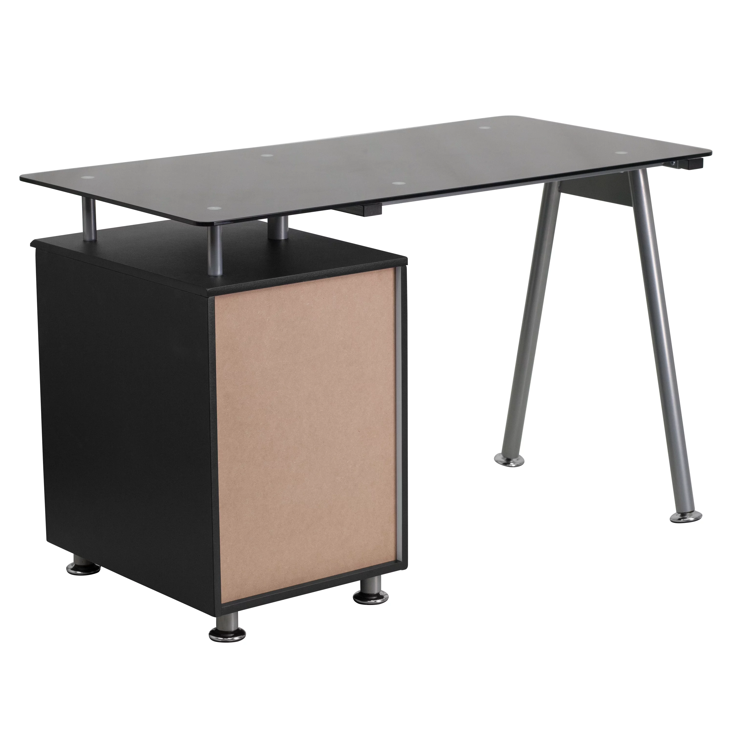 Emma + Oliver Black Glass Computer Desk with Three Drawer Pedestal