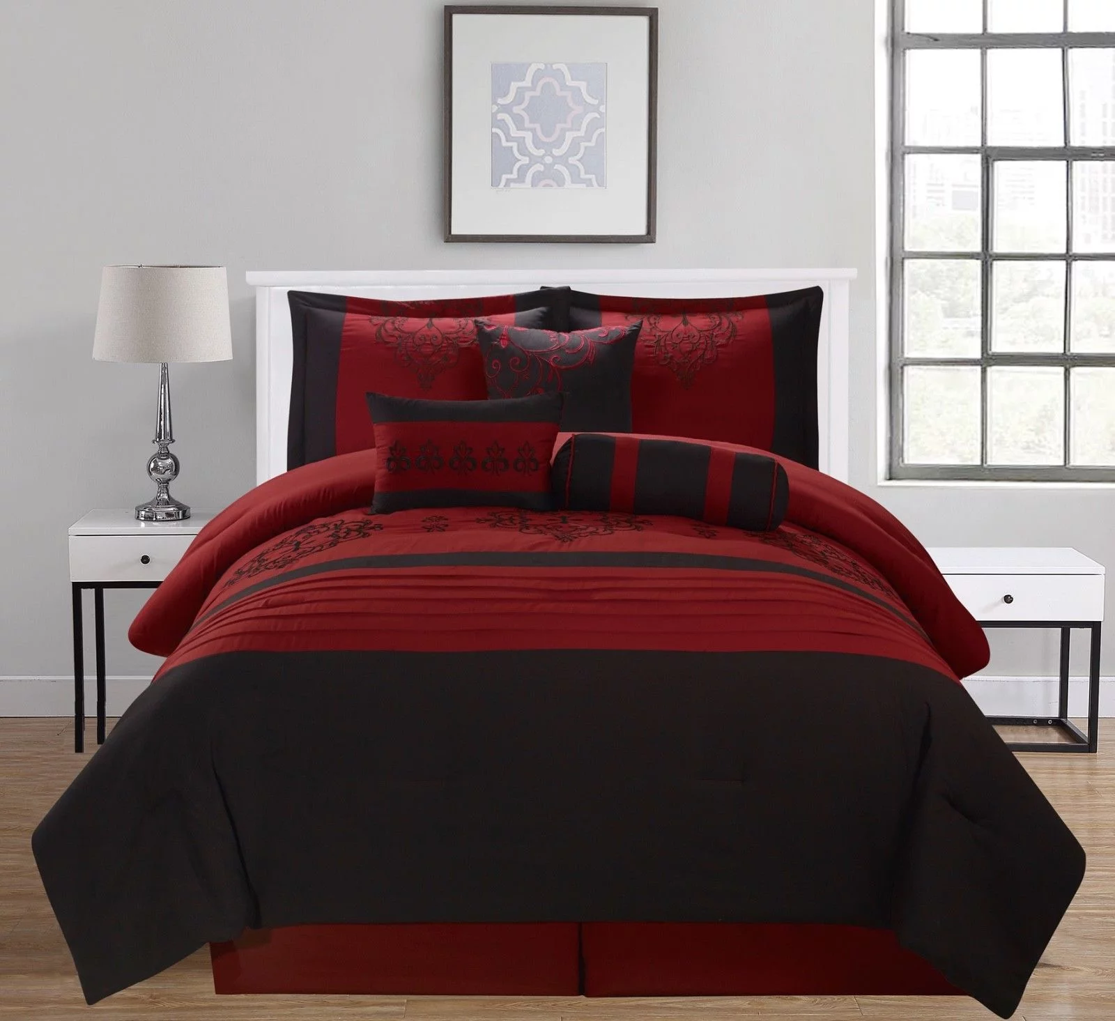 Heba 8PC Comforter Set Extra Soft Oversized Embroidered Bedding Burgundy King Size